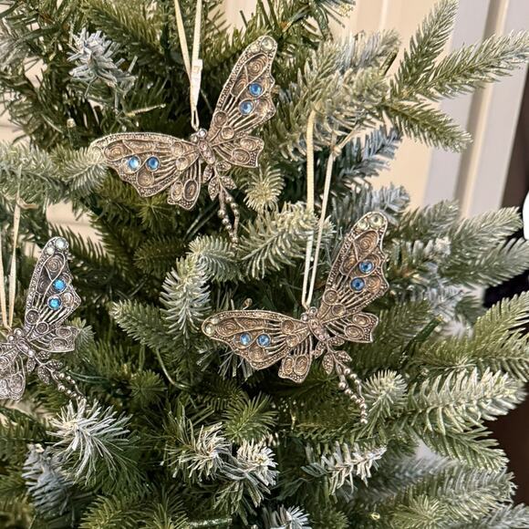 10 Butterfly Metal Christmas Ornaments Filigree Blue Jewels Set of 10 - Picture 1 of 7